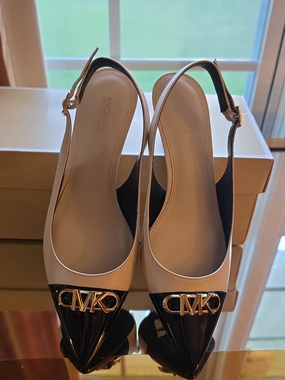 Michael Kors Black and Cream Pointed Toe Slingback Flats with Gold MK Emblem